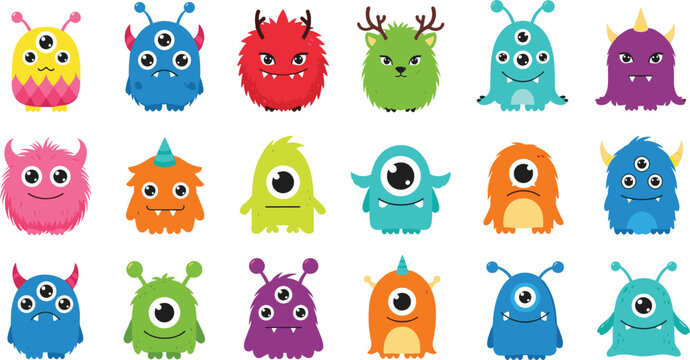 Large collection of cute colorful furry mini monster characters with various eyes horns antlers and funny expressions isolated on white background for kids design.