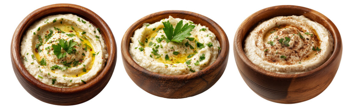Set of Mutabbal creamy baba ganoush roasted eggplant puree with tahini and lemon garnished with parsley and olive oil on white