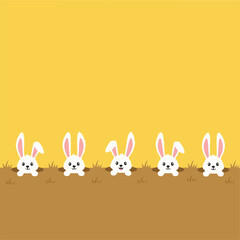 Obraz premium White Easter bunnies in cute cartoon style with bright yellow background and brown soil texture for spring greeting card