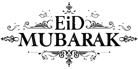 Eid mubarak calligraphy text design, elegant black script for islamic holiday greeting card and celebration poster isolated on white background.  © Juairia