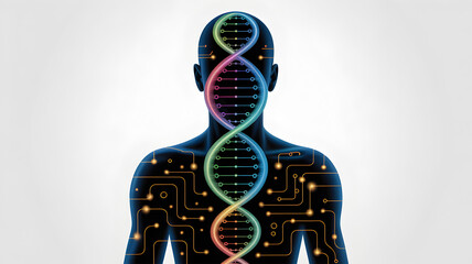 Futuristic human with DNA and circuitry on white background, digital art.