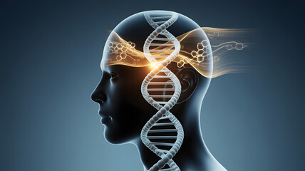 Human head with DNA, molecules and digital signal inside. Technology concept.