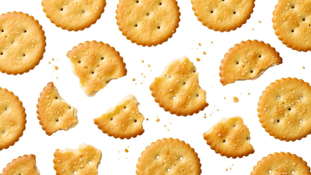 Assorted round crackers scattered randomly isolated on transparent background