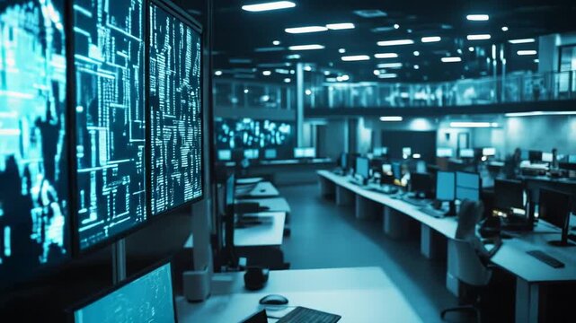 Cybersecurity specialists analyzing live data feeds and complex network infrastructure on multiple screens within a high tech operations center, ensuring system integrity and real time security