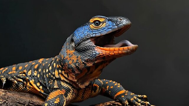 Colorful blue headed lizard with orange spots on branch.