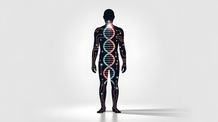 Human silhouette with DNA and circuit board pattern inside the body.