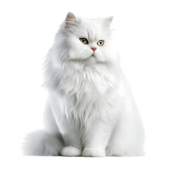 Fototapeta premium Beautiful white persian cat with long fluffy fur and yellow eyes sitting calmly with its tail wrapped around its body and looking directly at the camera with a gentle expression.