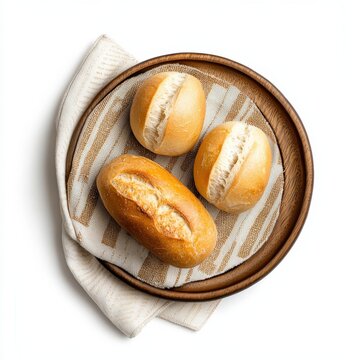 Freshly baked bread rolls with a golden crust and soft interior on a wooden plate with a cloth napkin, perfect for breakfast or snack, top view