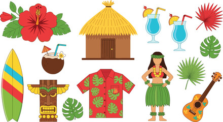 Collection of tropical summer holiday icons including tiki mask surfboard hula dancer hibiscus flower coconut cocktail and beach hut isolated on white background for travel design. © MdGohurul