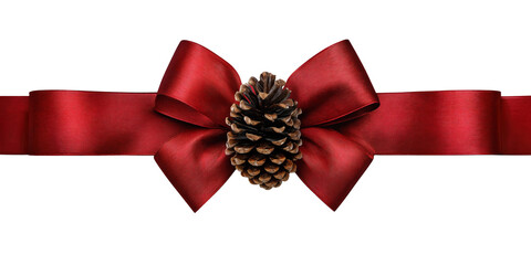 Red ribbon bow with pine cone on a white background