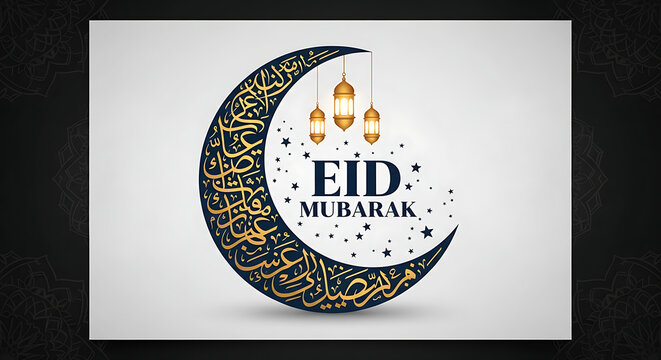 Arabic calligraphy crescent moon with golden lanterns and stars for eid mubarak celebration