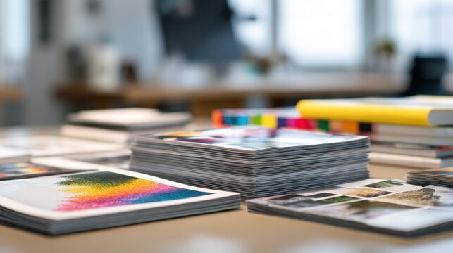 Stacks of printed materials, magazines, and color swatches on a designer's desk in an office setting.