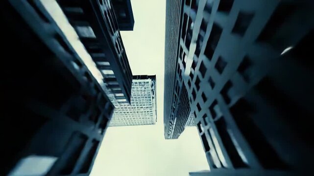 Tall city buildings creating a dizzying perspective of upward gaze, featuring modern architecture in a dense metropolitan environment focusing on urban density and grand scale