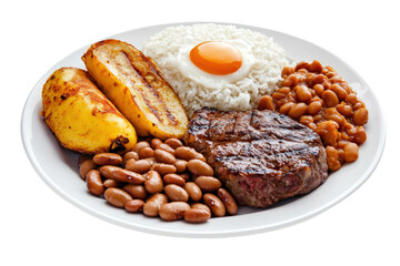 Colombian meal of beef, rice, beans, and plantains