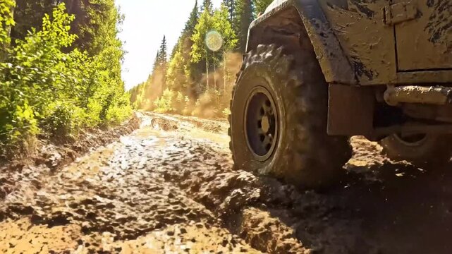 Off-road vehicle driving through muddy terrain kicks up splash and sprays muck on a sunny day
