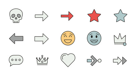 Collection of simple line icons and emoticons on white background.