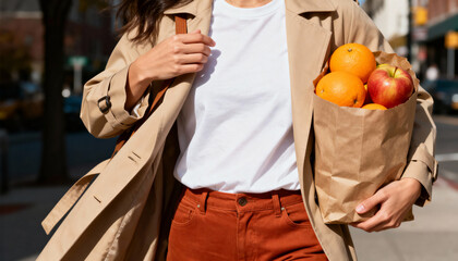 Woman in a beige trench coat carrying a paper bag of fresh oranges and an apple. Urban grocery shopping on a city street. Healthy lifestyle and seasonal fashion concept