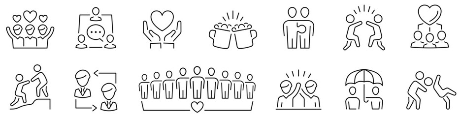 Friendship icons. Relationship icon set. Related friends. Editable stroke. Vector illustration.