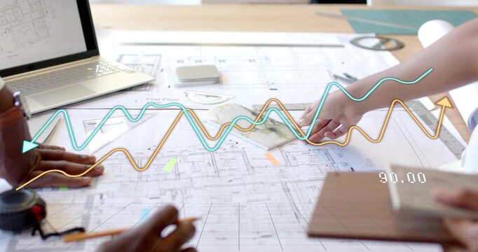 Woman placing marble on design blueprint starting line graph, man tracing shape, choosing material