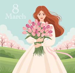 Woman with bouquet of tulips, card for Women's Day