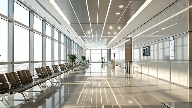 Modern Airport Terminal Waiting Area with Chairs and Large Windows.