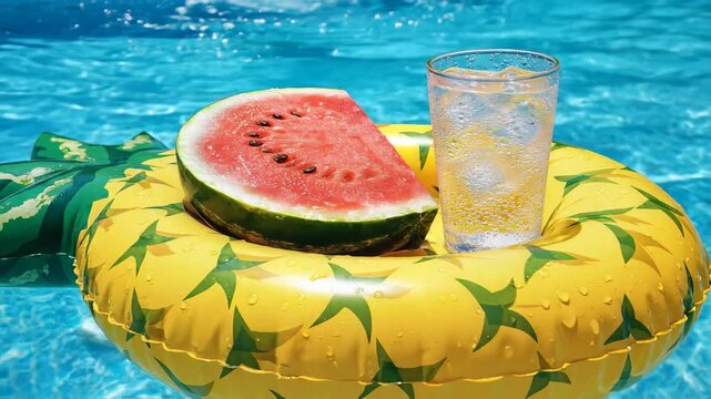 Refreshing watermelon slice and cold drink on a pineapple floatie in a swimming pool.