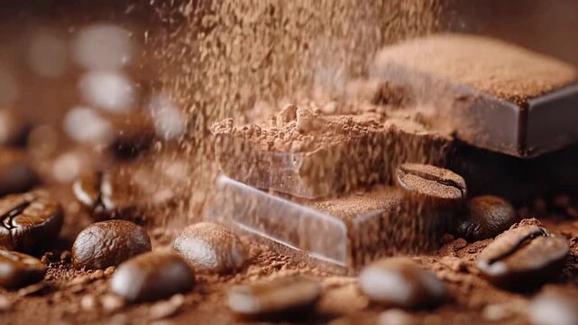 Chocolate and Coffee Bliss: A captivating close-up of dark chocolate bars, roasted coffee beans, and cocoa powder. The essence of this aromatic blend is captured perfectly.