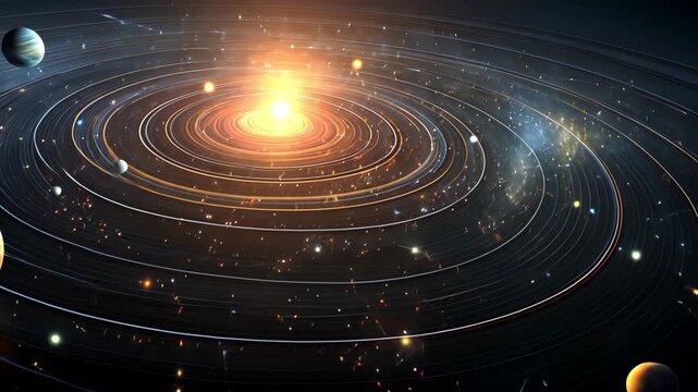 A vibrant depiction of our solar system with planets orbiting the sun in space
