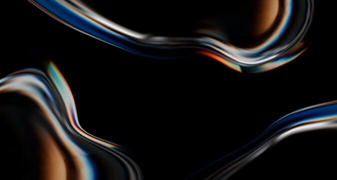 Poster with modern 3d liquid glass element isolated on a black background. 3d render of transparent form, mirror with holographic gradient and light dispersion, refraction and iridescent effects