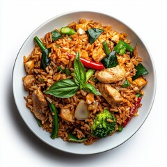 Fototapeta premium Delicious chicken fried rice bowl with fresh vegetables including broccoli onion green peppers red chili and basil on white plate for Asian cuisine