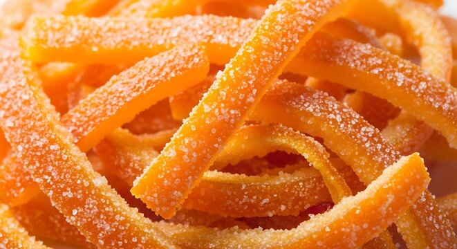 Close-up of vibrant candied orange peel strips coated in sparkling sugar crystals