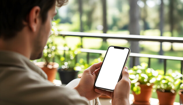 Hand holding mobile smartphone with blank white screen mockup, man relaxing on sunny balcony with potted plants, over shoulder view, digital app display, nature summer garden
