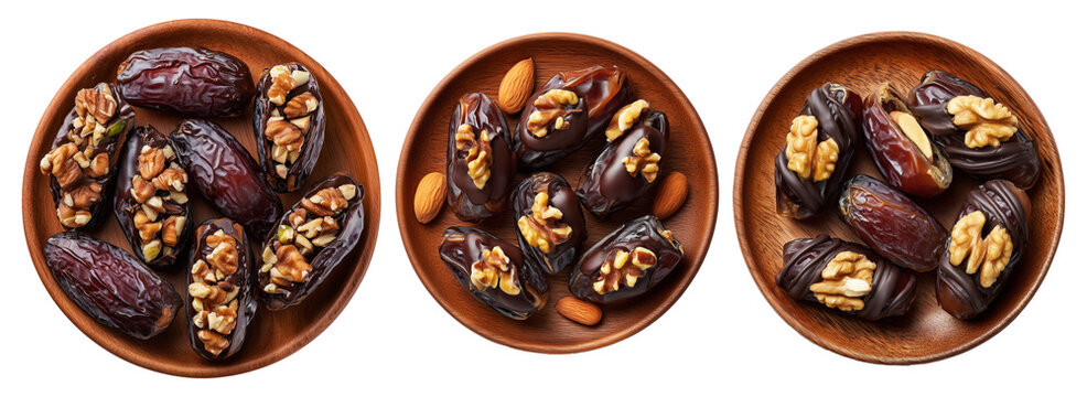 Set of Whole and halved dates filled with walnut halves isolated on white background, concept of healthy Arabic natural snack food