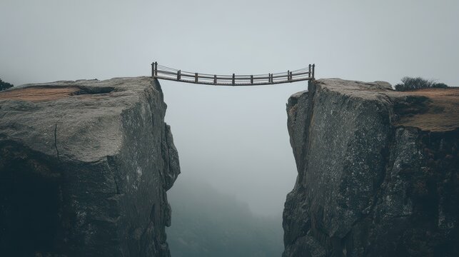 Wooden rope bridge connecting two rocky cliffs over a deep, foggy chasm