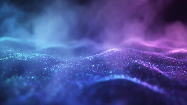 Abstract glowing particles and smoke in neon blue and purple light.