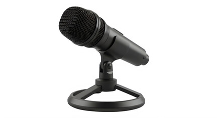 Professional black dynamic microphone on desktop stand for podcasting and streaming, isolated on transparent background, 3D render studio equipment.