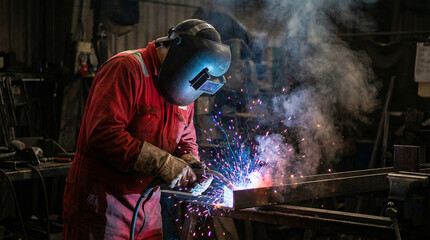 A welder working on a metal structure in a workshop