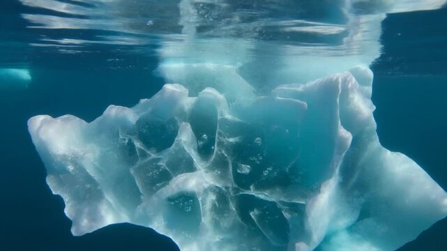 Melting iceberg underwater with sunlight filtering through, in a polar region, conveying climate change