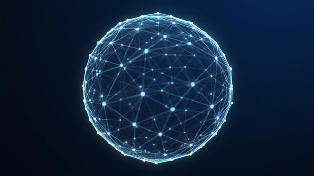 Abstract glowing sphere of interconnected nodes and lines on dark blue background.