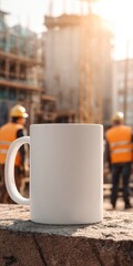 White mockup mug standing on construction site with workers