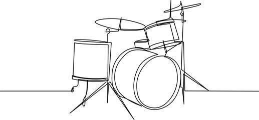 A detailed line drawing of a drum set with a snare drum and cymbals Vector