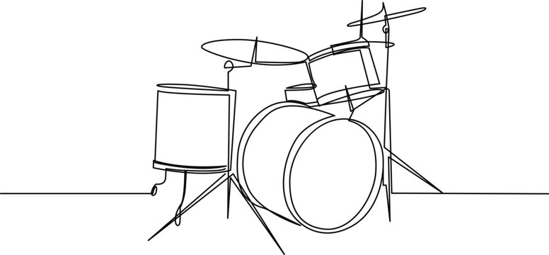 A detailed line drawing of a drum set with a snare drum and cymbals Vector