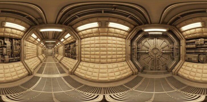 Immersive 360 VR panorama of a futuristic sci-fi spaceship or bunker interior. Features padded walls, metallic floor grates, glowing lights, and a heavy bulkhead door.