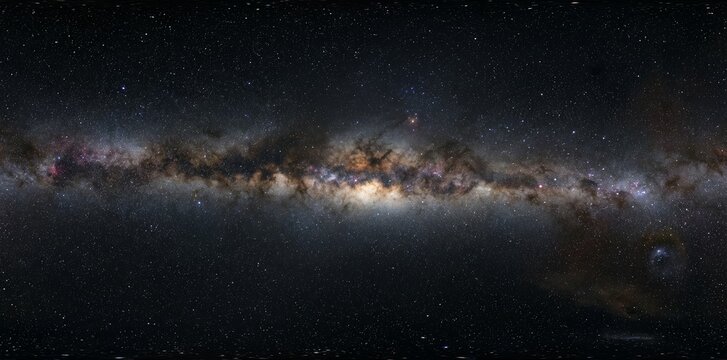 Immersive 360-degree equirectangular panorama of the stunning Milky Way galaxy. Vibrant stars, glowing nebulae, and cosmic dust create a breathtaking deep space view.
