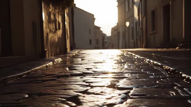 Narrow cobblestone alley in an old town, wet stones glowing with golden hour sunlight and reflections, warm, tranquil atmosphere inviting exploration and discovery