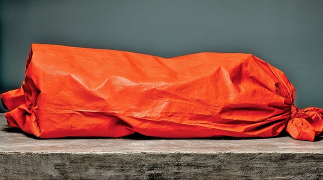 Large Orange Fabric Bundle Wrapped and Tied on Concrete Surface in Studio