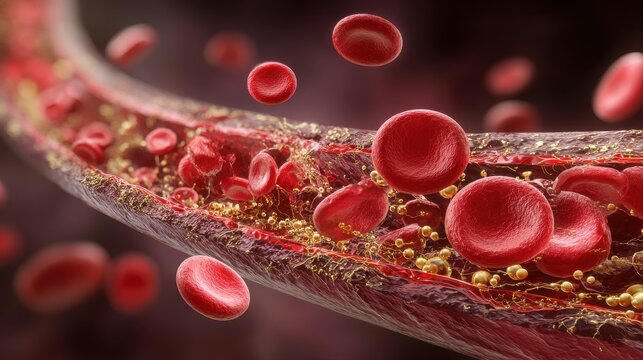 3D illustration of red blood cells flowing through a blood vessel with cholesterol deposits on the artery walls