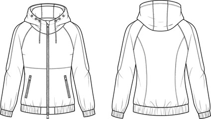 Zip Up Hooded Jacket Fashion Flat Sketch Front and Back View, Raglan Sleeve Windbreaker CAD Drawing Flat Vector Illustration Technical Template © Fozila