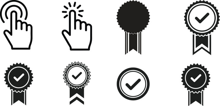 Black and white icons set including hands and checkmark ribbons