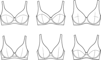 Womens bra technical flat sketch collection, underwire brassiere fashion design template, intimate apparel cad drawing set, flat vector illustration, mockup pack © Fozila